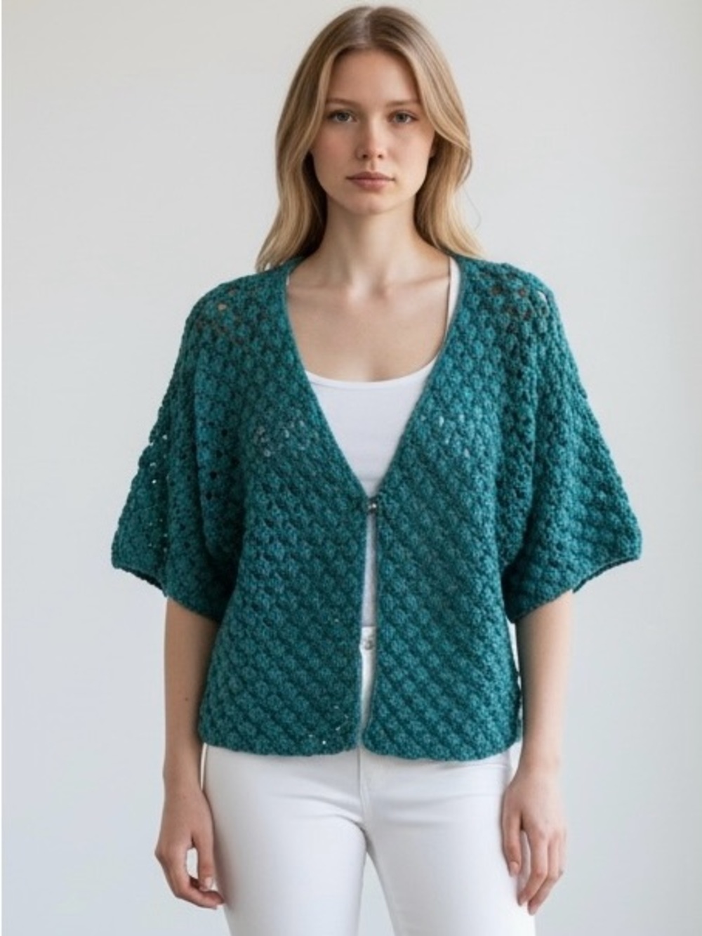 🌴 Anama Deep Teal Open-Knit Short Sleeve Cardigan